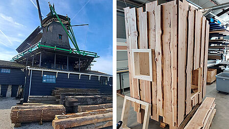 Links een foto van een molen met hout ervoor, rechts een foto van een boomhut