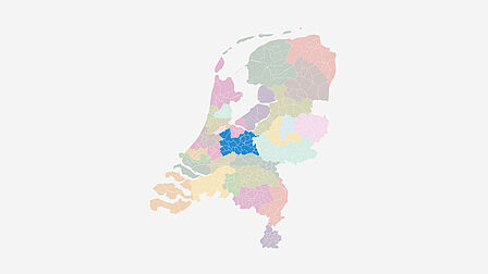 Kaart van Nederland met alle zorgkantoorregio's en regio Utrecht uitgelicht