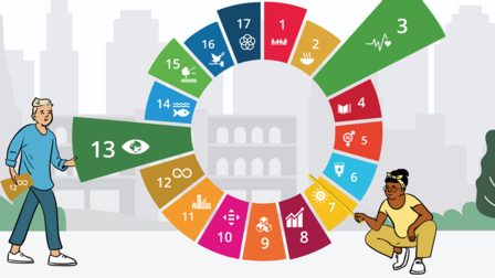 Illustratie van cirkel met de 17 SDG's en twee personen