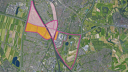 Luchtfoto met in kleur de verschillende deelgebieden van Groot Merwede aangegeven