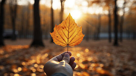 Hand die herfstblad omhoog houdt in het bos