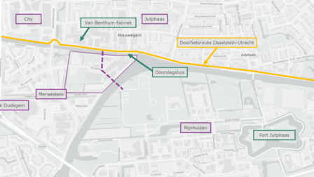 Kaart van omgeving Zeepfabriek met uitgelicht: City, Van Benthum-fabriek, Jutphaas, Doorfietsroute IJsselstein-Utrecht, Doorslagsluis, Merwestein, Park Oudegein, Rijnhuizen en Fort Jutphaas