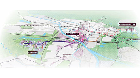 Kaart van de route van de Merwedelijn, met de gebieden Groot Merwede, Rijnenburg en Utrecht Science Park