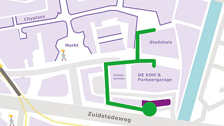 Kaart met looproute van het Stadshuis naar de Zoomstede