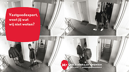 Vier camerabeelden van mannen met tassen die een lift uit komen, met tekst: vastgoedexpert, weet jij wat wij niet weten?