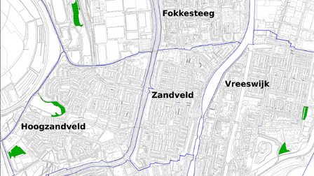 Kaart met de 5 proeflocaties. 1 in Park Oudegein; 2 in Hoog Zandveld; 2 in Vreeswijk