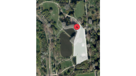 Luchtfoto van Park Oudegein met het mogelijke evenemententerrein uitgelicht