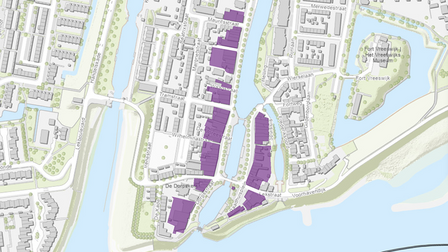 Kaart van Vreeswijk met een aantal gebouwen paars uitgelicht