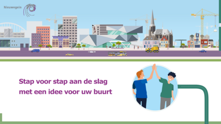 Illustratie skyline Nieuwegein, twee jongens die elkaar een high five geven en tekst: Stap voor stap aan de slag met een idee voor uw buurt