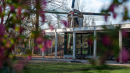 Gebouw met molen op de achtergrond