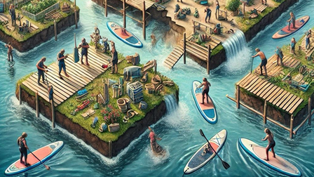 Illustratie van eilanden met suppende mensen in het water eromheen