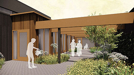 Illustratie van een terras bij een gebouw met mensen