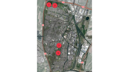 Kaart van Nieuwegein met daarop aangegeven de vier mogelijke plekken voor een evenemententerrein