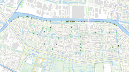Kaart met bomen die verwijder worden (wel en geen omgevingsvergunning nodig), bomen die herplant worden op dezelfde plek en bomen die herplant worden op een andere plek