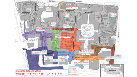 Kaart van de Muntenbuurt met per fase de werkzaamheden en de data
