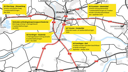 Kaart van de verkeershinder in de regio Utrecht van april tot en met oktober 2026.