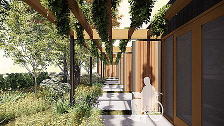 Illustratie van een lezende man in een rolstoel onder een pergola
