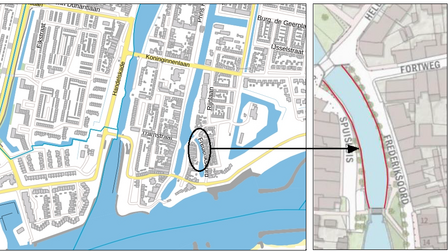 Kaart van Vreeswijk met de Rijkshulpschutsluis omcirkeld. Rechts daarvan ingezoomd op die plek met de voorhaven rood omrand.