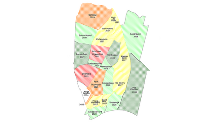 Kaart van Nieuwegein met per wijk het jaartal dat de bomen gesnoeid worden